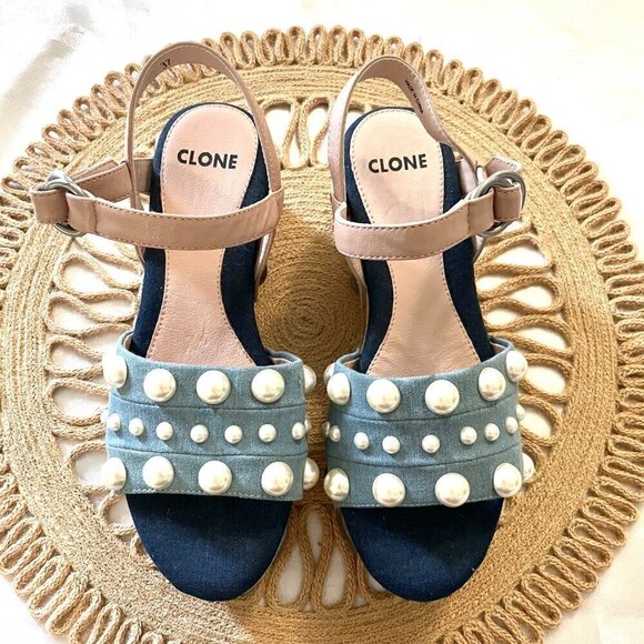 NWOT Clone Pink Pearl Detail Blue Denim Wooden Clog Sandals Size EU 37 - Picture 4 of 12